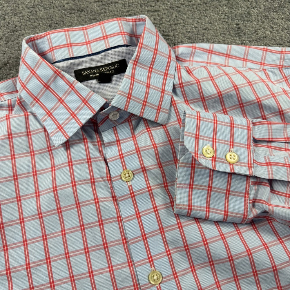 Banana Republic Mens Non-Iron Slim Fit Plaid Dress Shirt Blue Red Size M